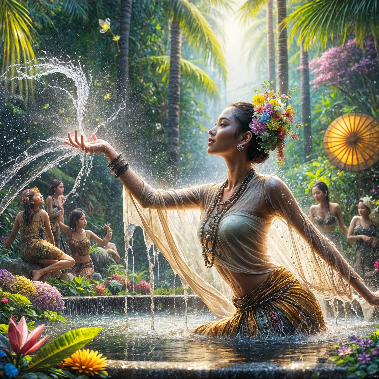 Javanese Woman's Joyful Fountain Dance, Neo-Impressionist St...
