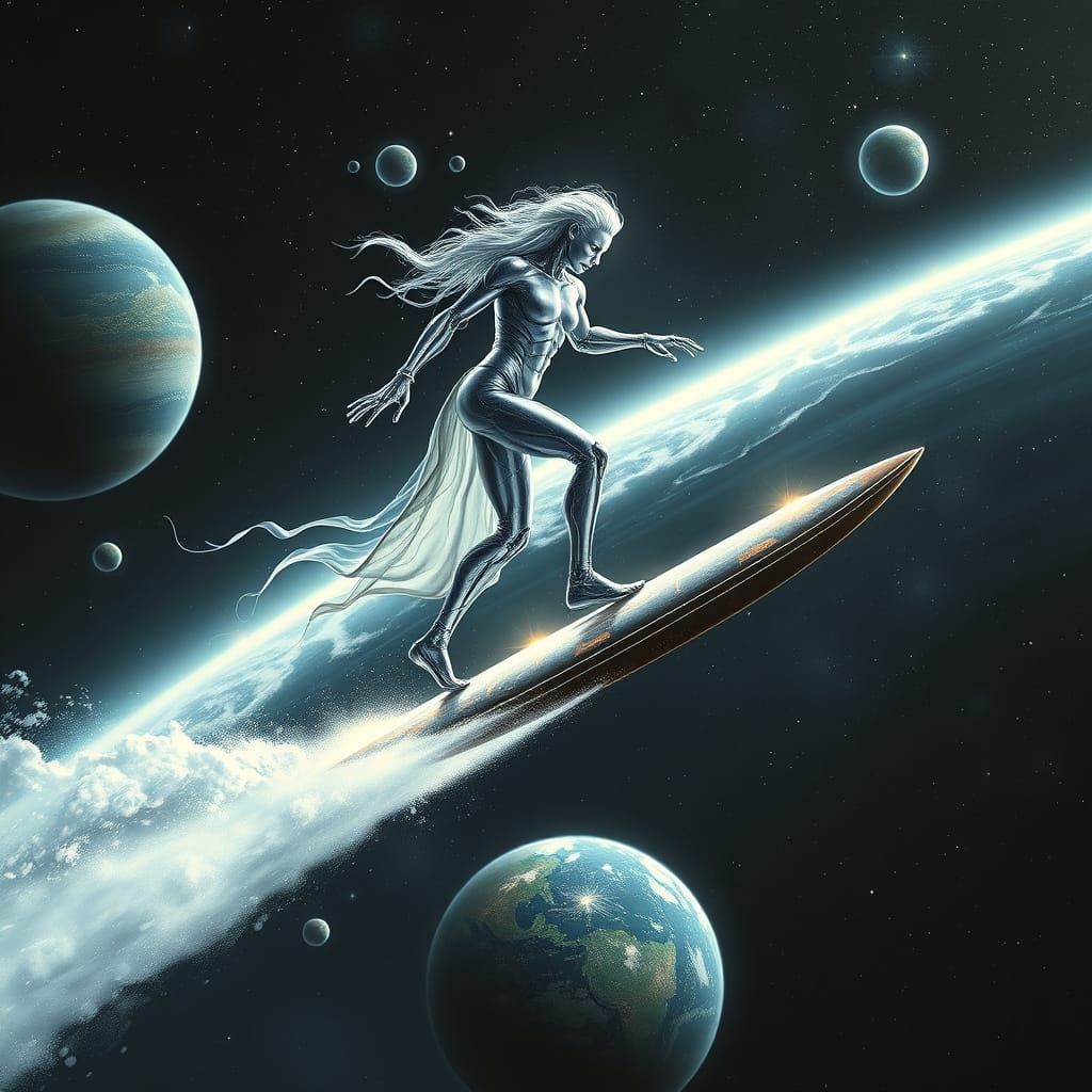 Cosmic Being Rides Energy Waves Above Earth