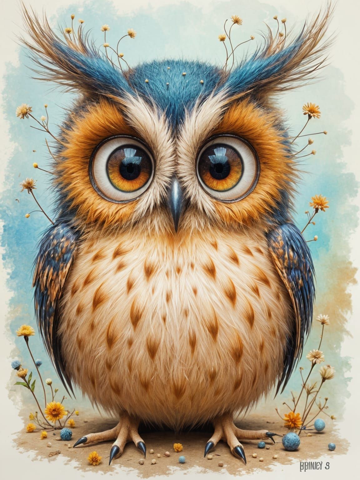 Whimsical Owl with Blue Headband and Big Eyes