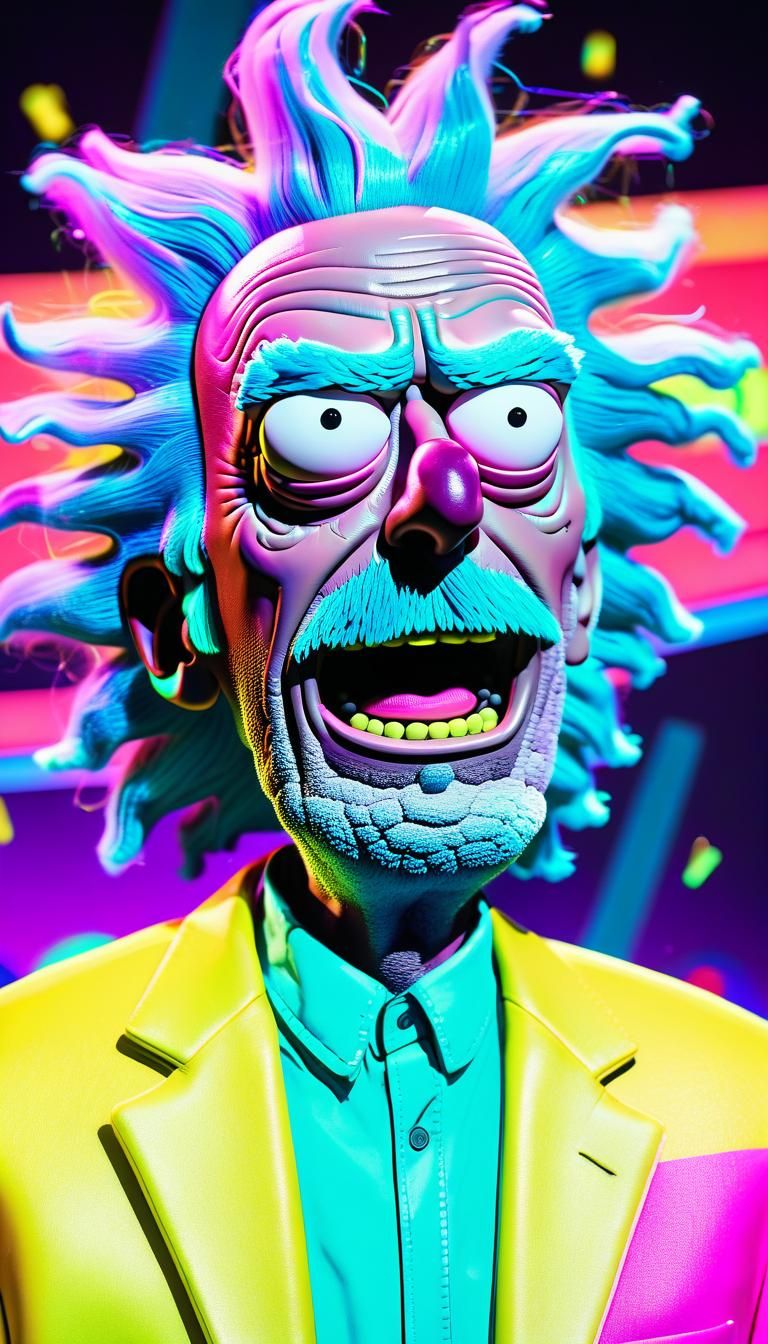 Rick and Morty on Game Show Stage in Cartoon Style