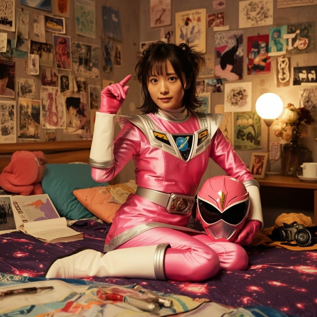 Japanese Super Sentai Heroine with Pink Space Motifs in Bedr...