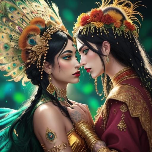 Baroque Fauvism Portrait: Women with Gold Skin and Peacock F...