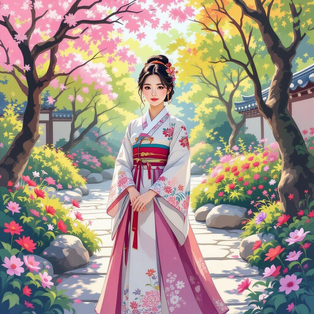 Korean Woman in Hanbok in Serene Garden, Concept Art