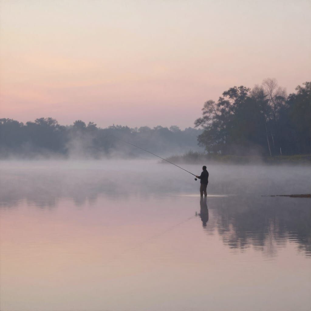 Fisherman on Misty Lake at Dawn Oil Painting Illustration