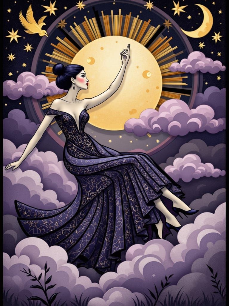 Elegant Art Deco Woman Reaches for the Stars in a Richly Lay...