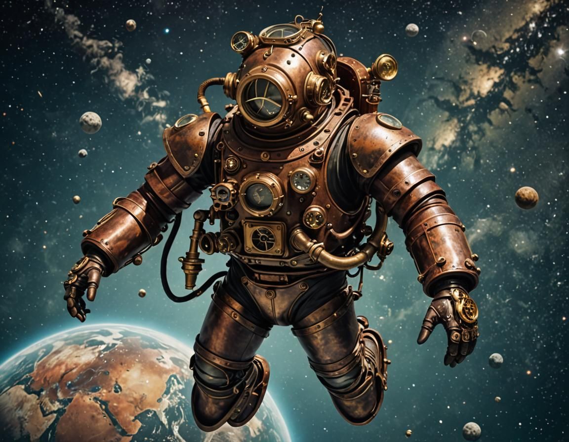 Steampunk Diving Suit Floating in Space