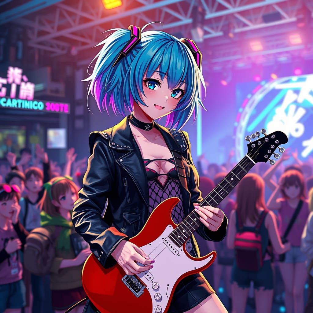 Hatsune Miku Shreds Guitar on Stage in Manga Style