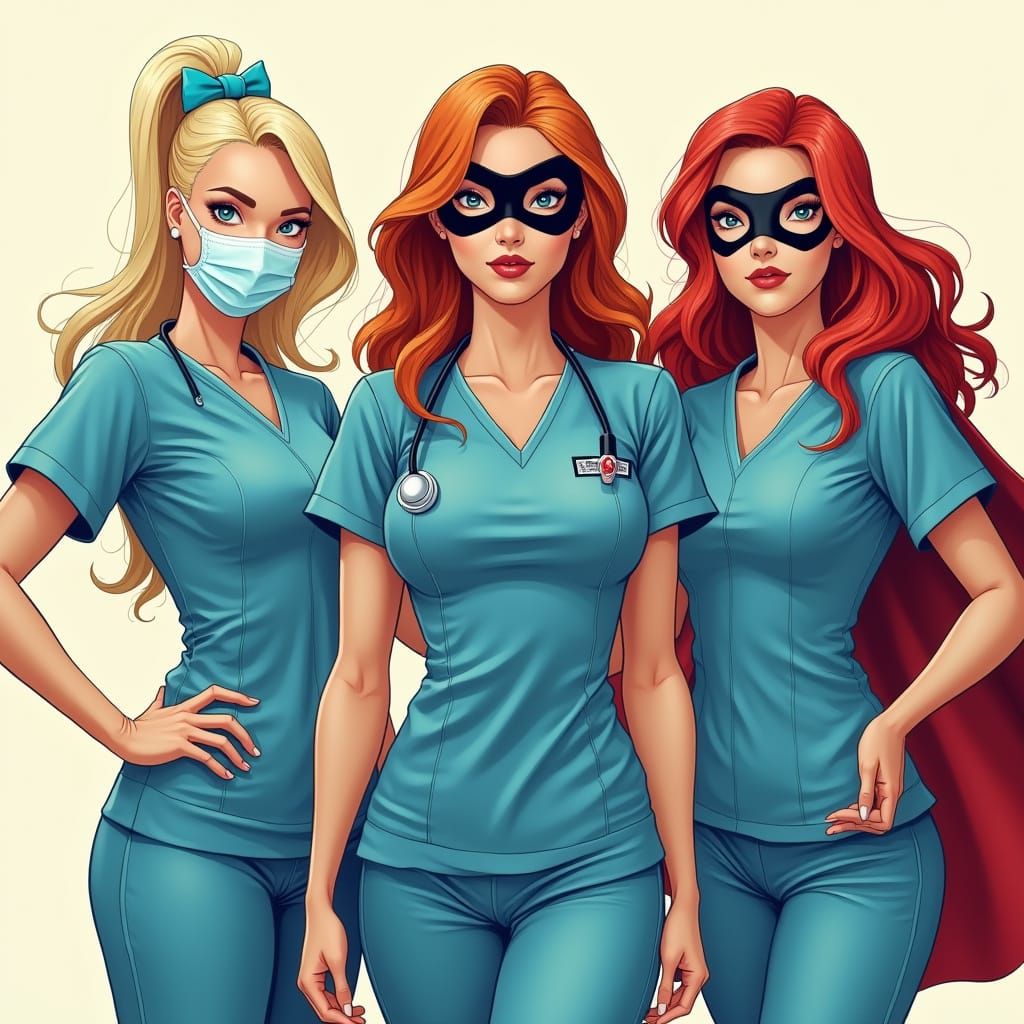 Dynamic Nurses in Blue Scrubs with Superhero Flair