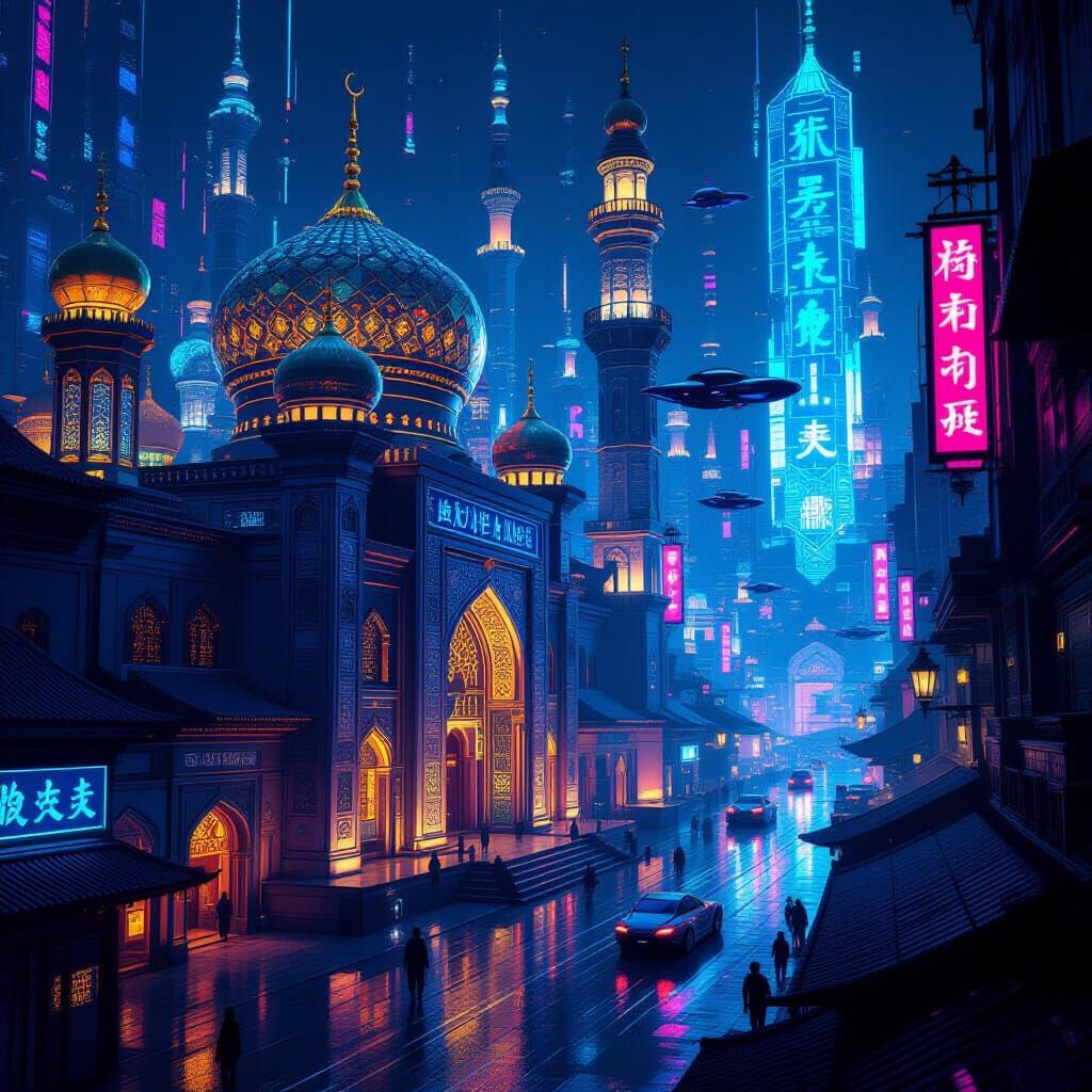 Cyberpunk Islamic Cityscape with Neon Lights