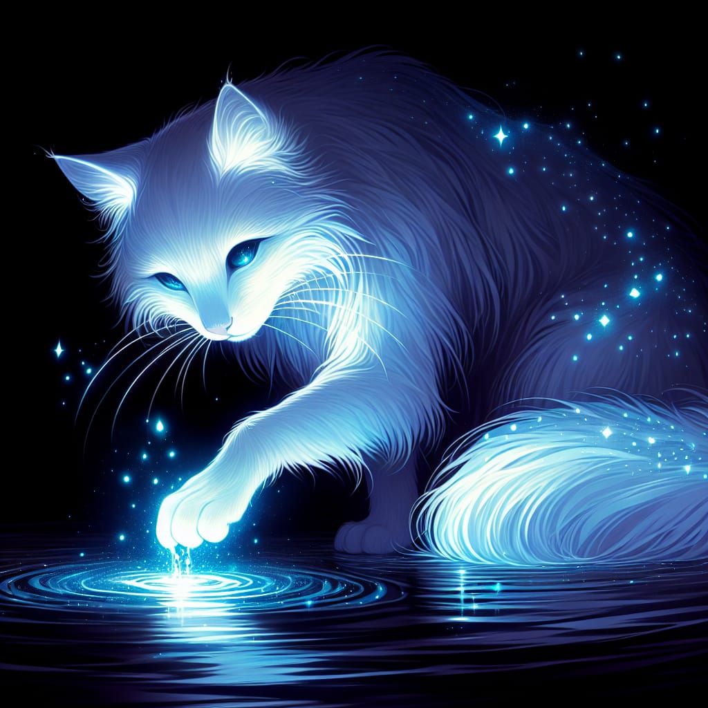 Enchanted Spirit Cat Illuminates Dark Waters in Soft Blue Hu...