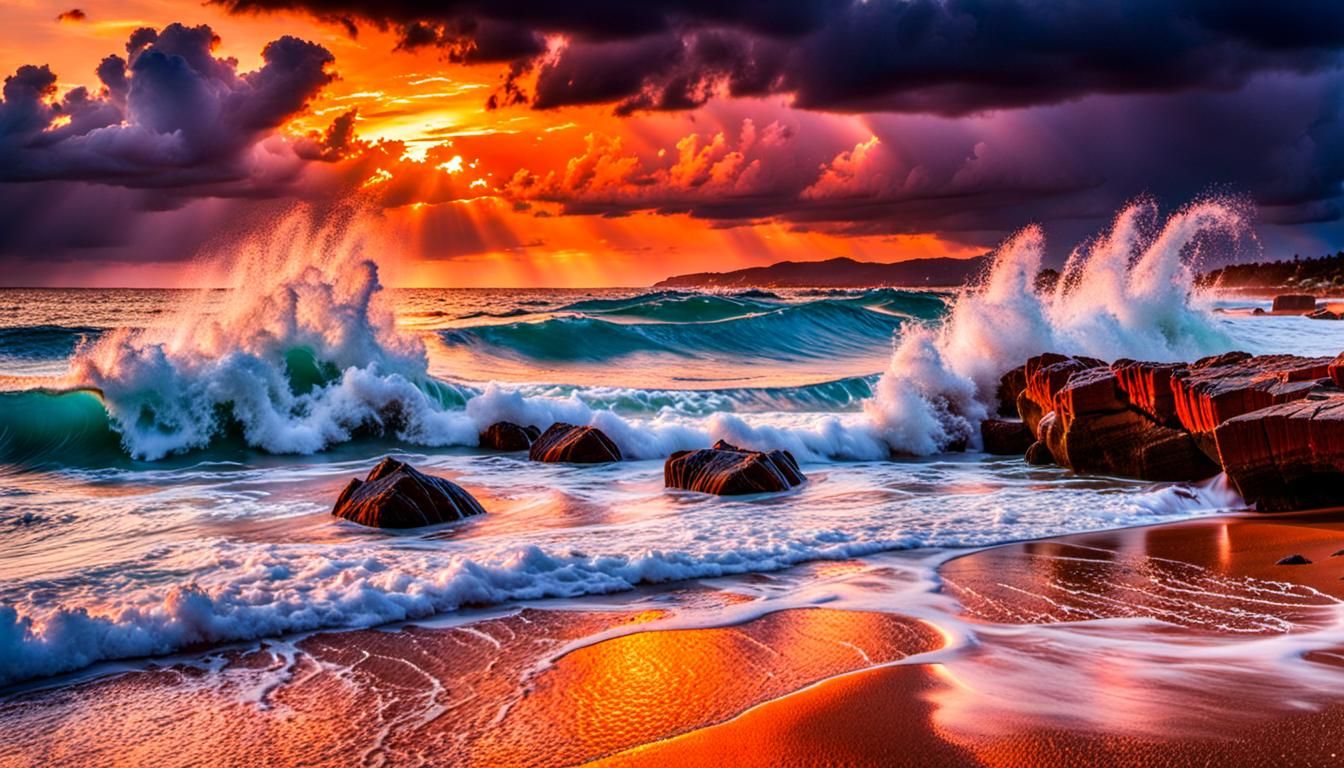 Dramatic Beach Sunset with Stormy Sky
