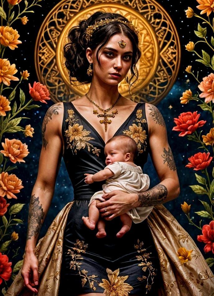 Powerful Woman with Floral Tattoos Holding Baby