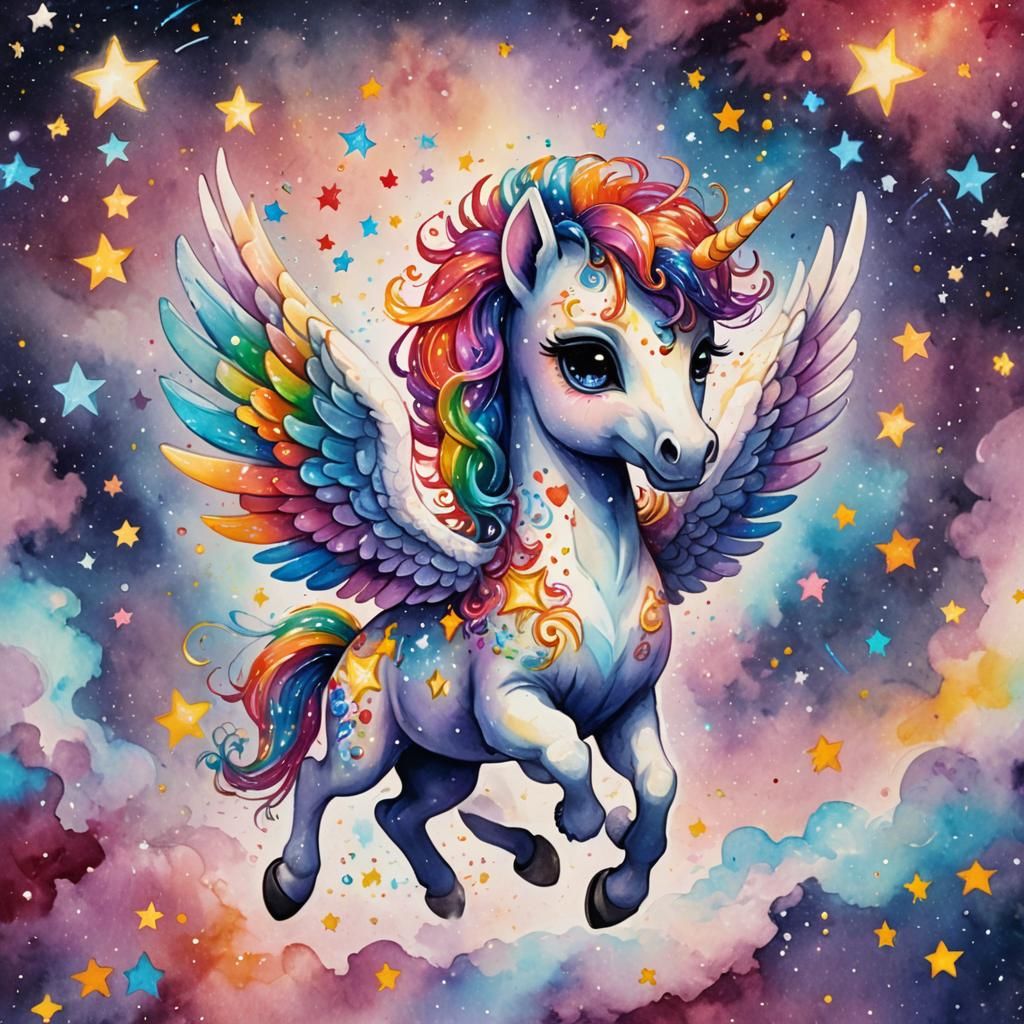 Watercolor Chibi Pegasus in Sparkling Nebula