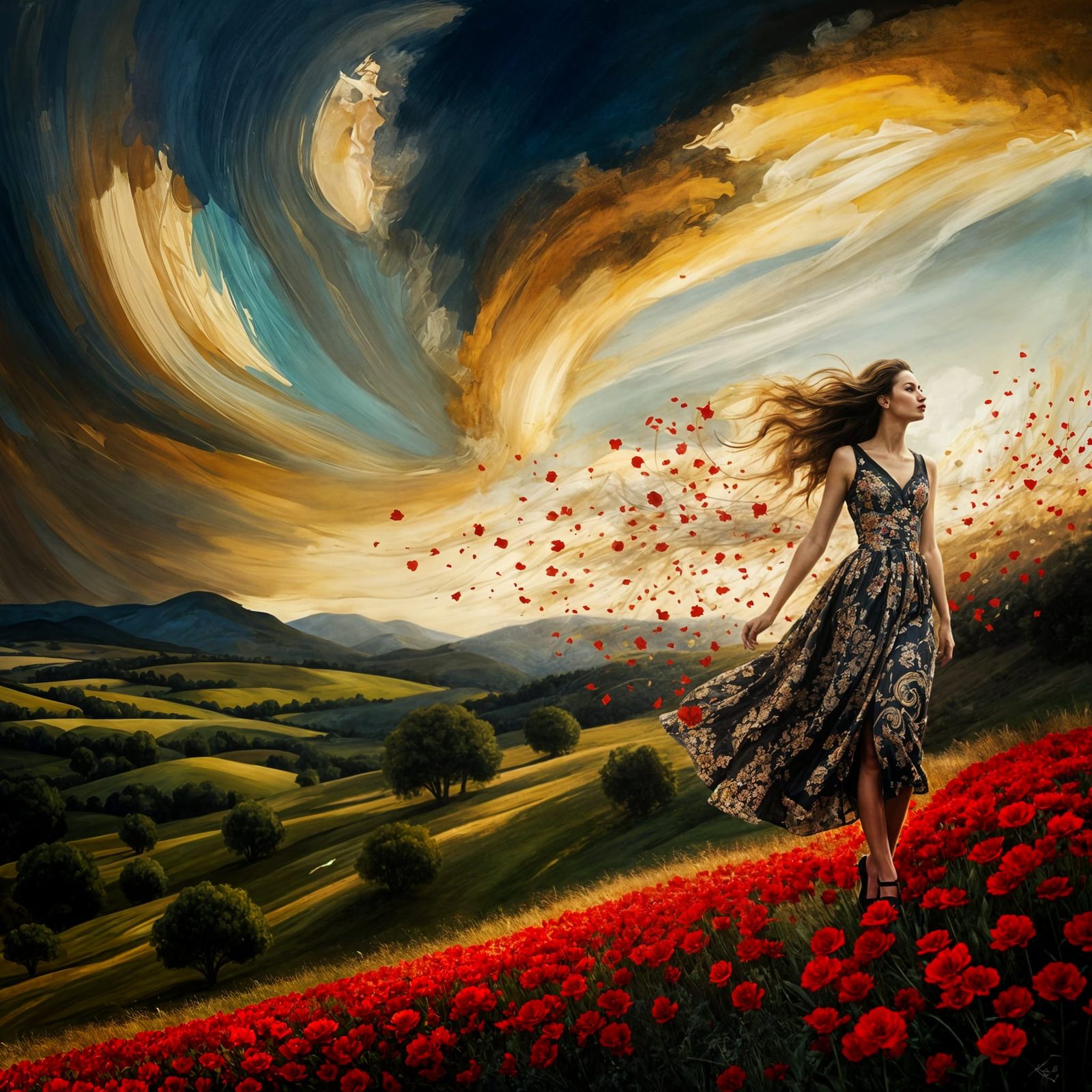 Renaissance Woman in Windy Valley, Alcohol Ink Canvas