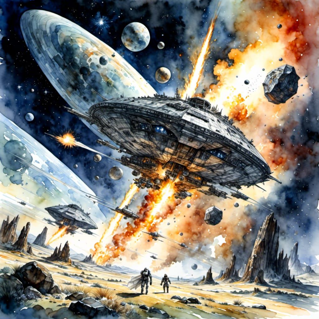 Burning Attack Starships off Orion in Watercolor Style