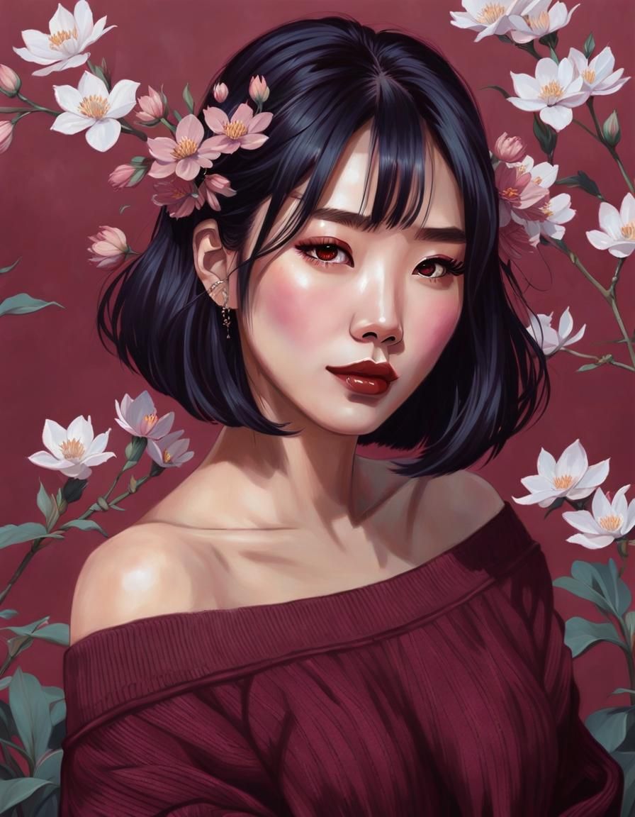 Burgundy Streaked Hair in Hyperdetailed Digital Portrait