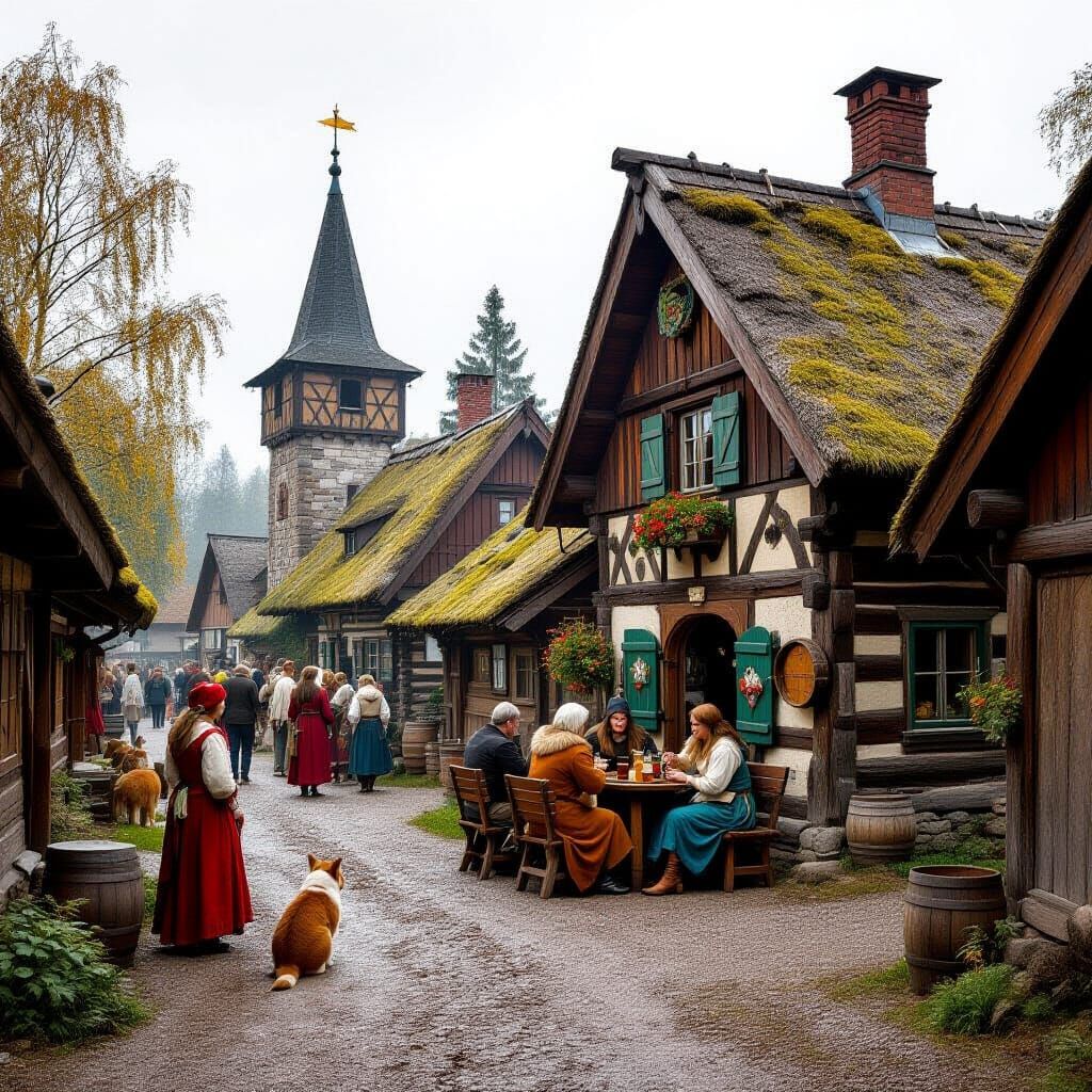 Finnish Medieval Village Scene with Tavern