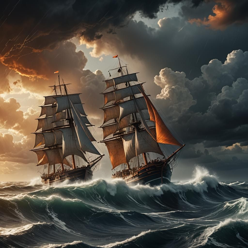 Sailboat with Catsailers in Stormy Seas: Cinematic Art