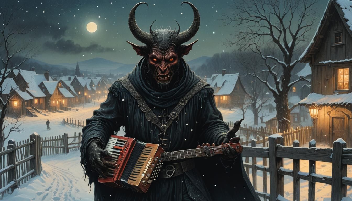 Devil Plays Accordion in Snowy Village: Dark Fantasy Art
