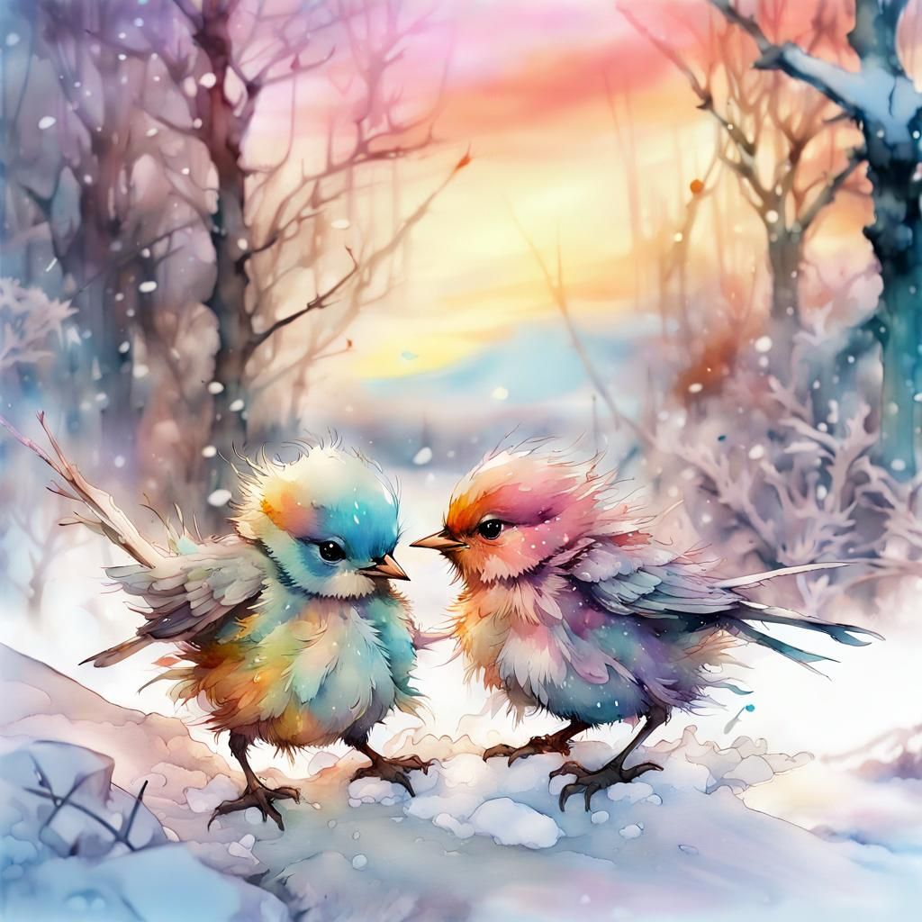 Colorful Chibi Birds Playing in Snowy Sunset