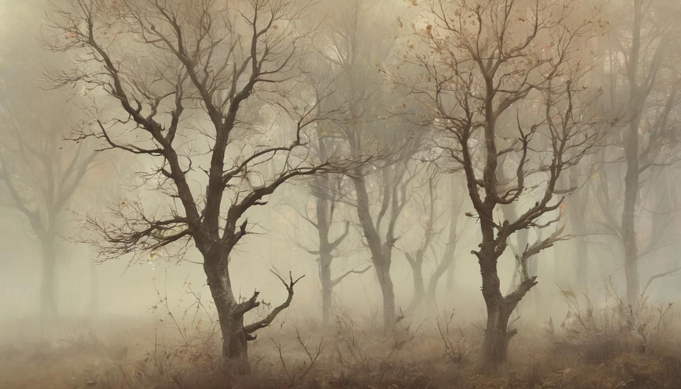 Ethereal Weeping Trees in Misty Surrealist Forest