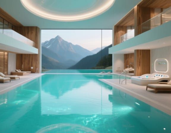 Luxurious Indoor Pool with Turquoise Water and Modern Wood A...