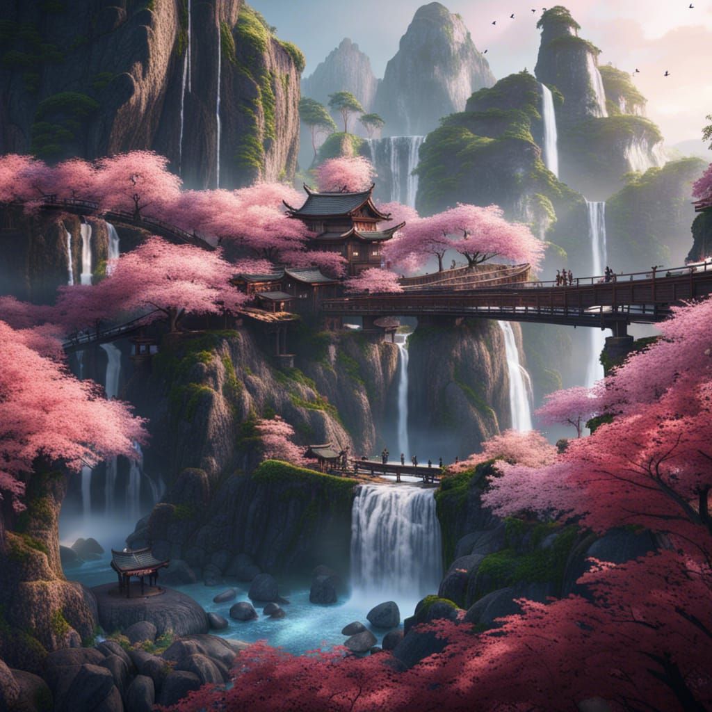 Sakura Forest Gorge with Waterfalls: Fantasy Concept Art