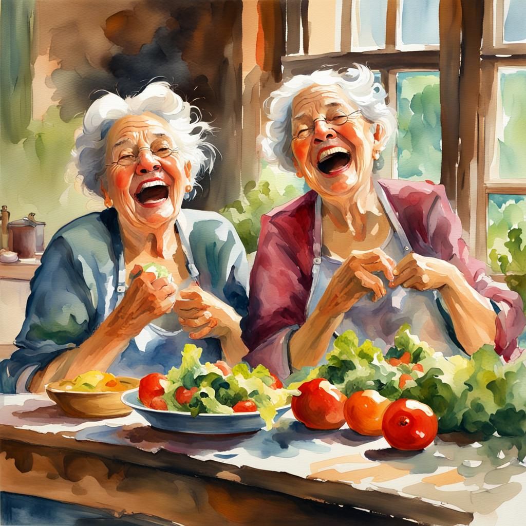 Joyful Women Create Salad, Watercolor Impressionist Style