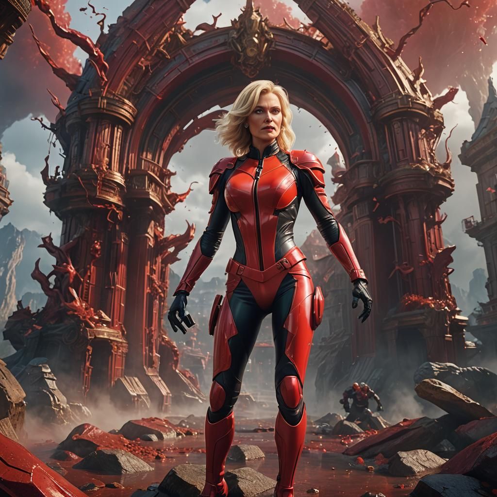 Fit Blonde Woman in Red Latex: Detailed Matte Painting