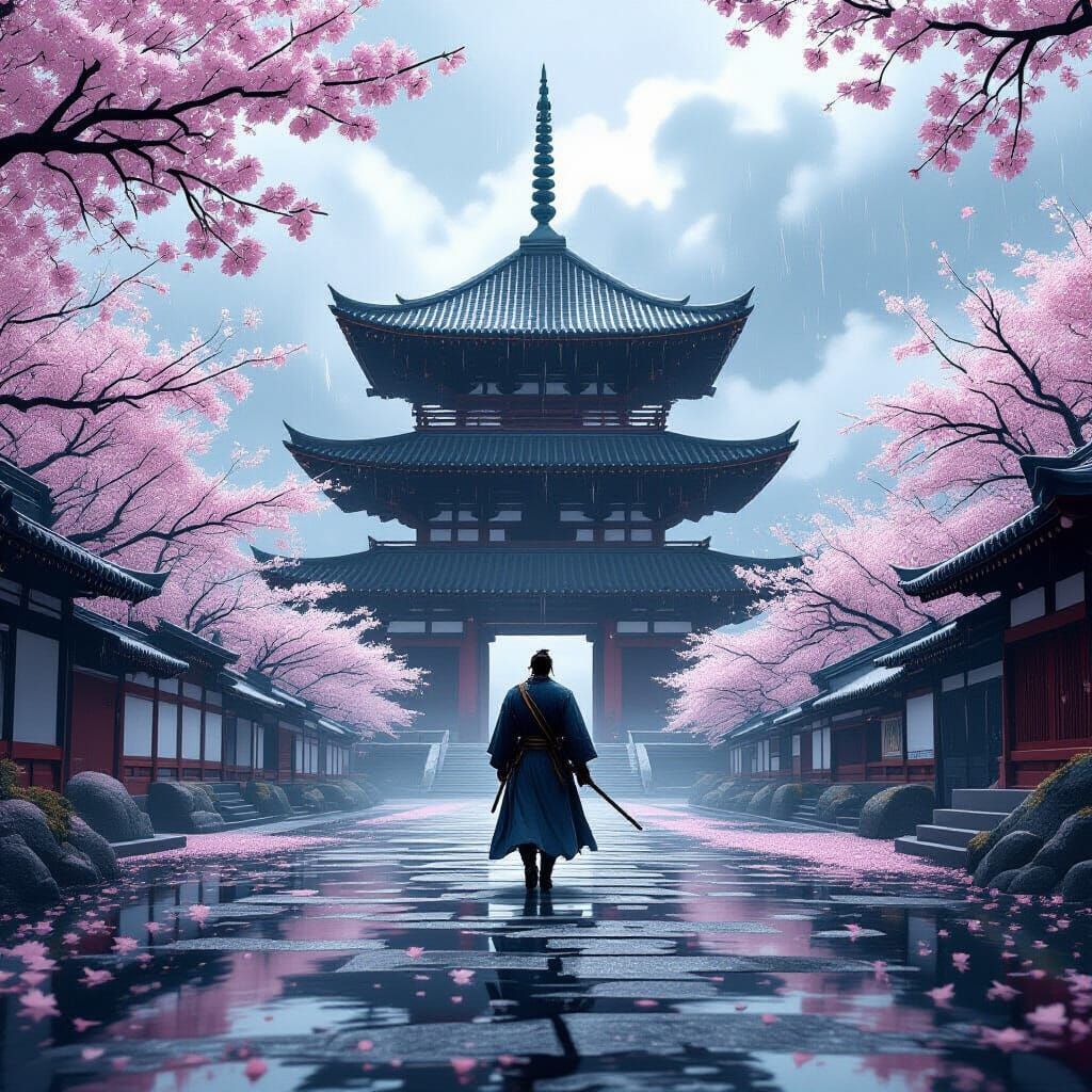 Samurai Enters Ethereal Temple in Stormy Sakura Ground