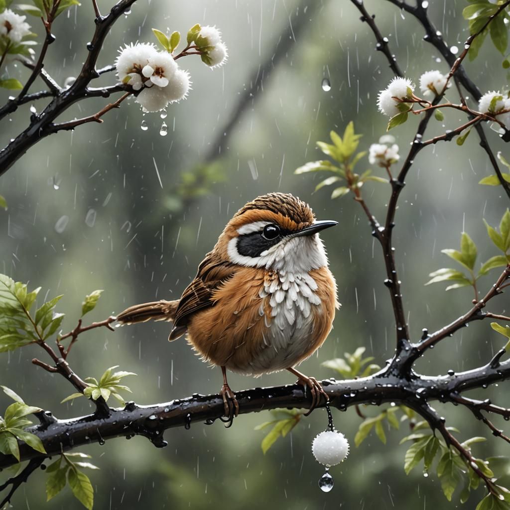 Kawaii Wren in Rainy Summer, 3D Anime Artwork