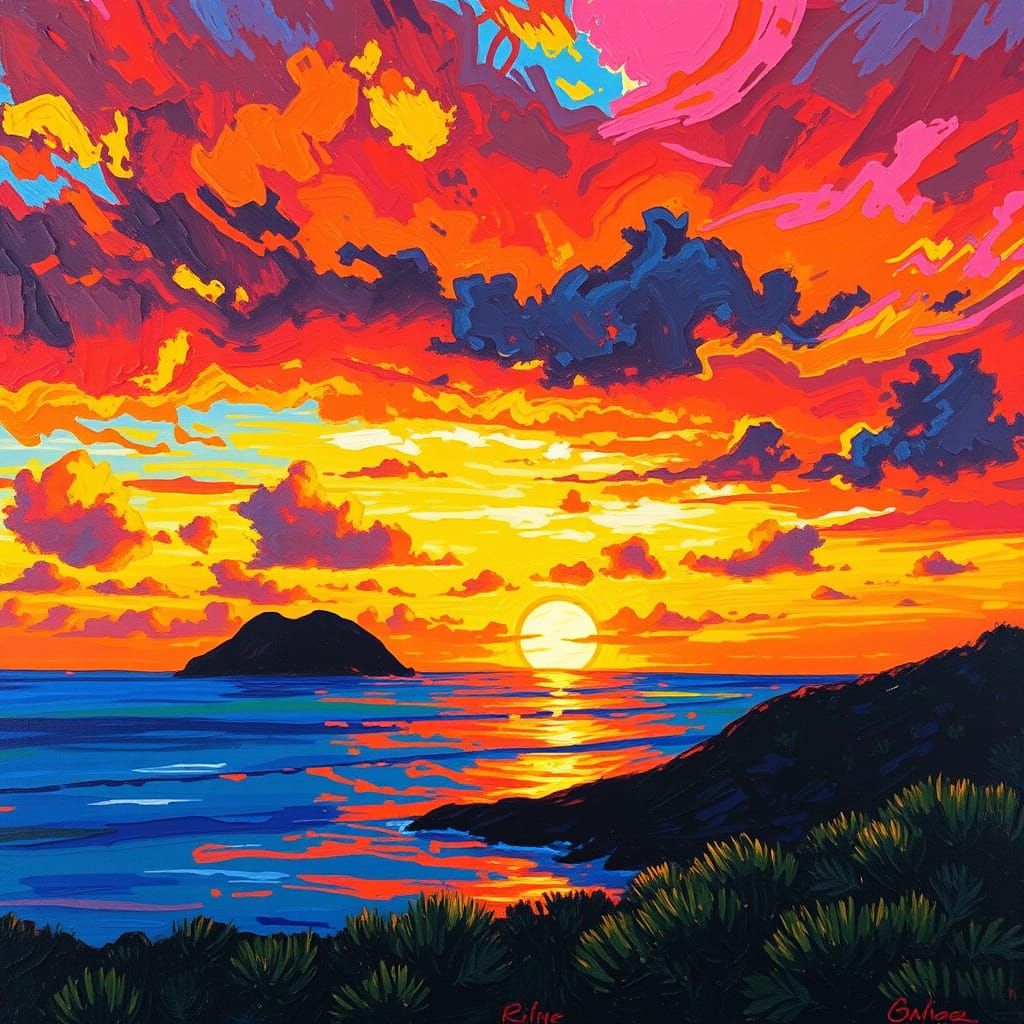 Vibrant Hurricane Sunset Over Reunion Island in Oil Painting...