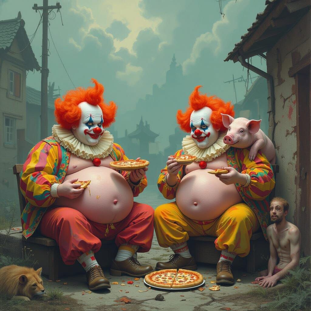 Surreal Clown Feast with Pig and Lion Attack