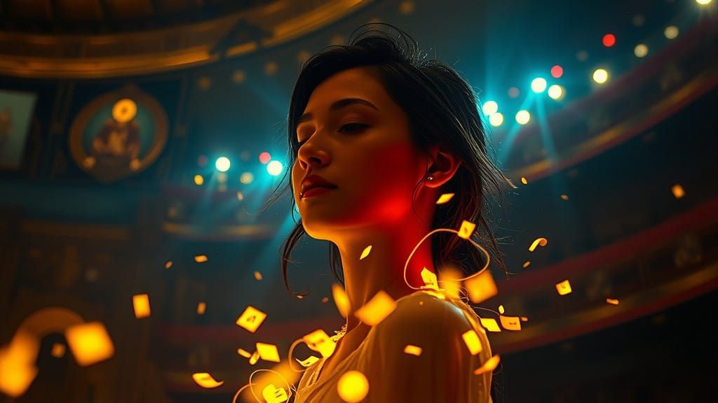 Ethereal Woman Surrounded by Music and Light