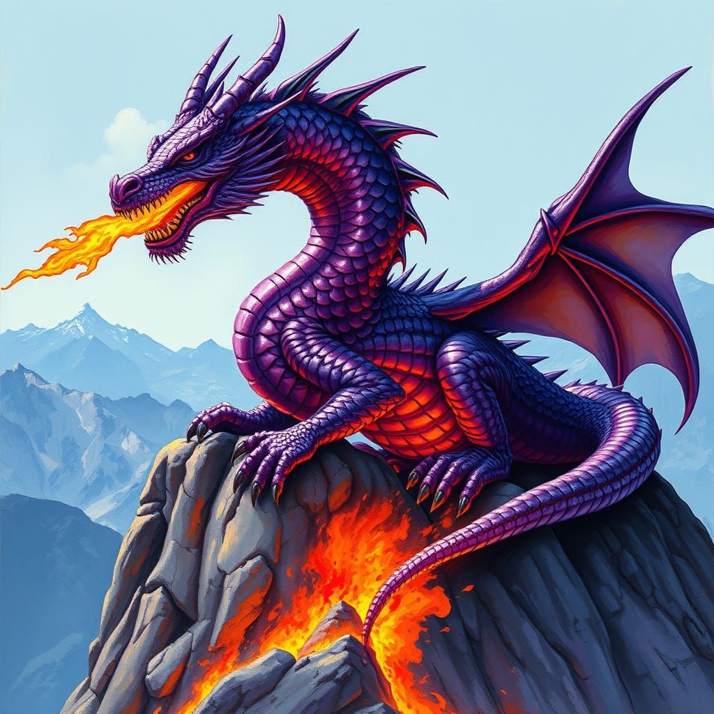 Dragon Unleashes Fiery Fury on Mountain Peak in Vibrant, Dyn...