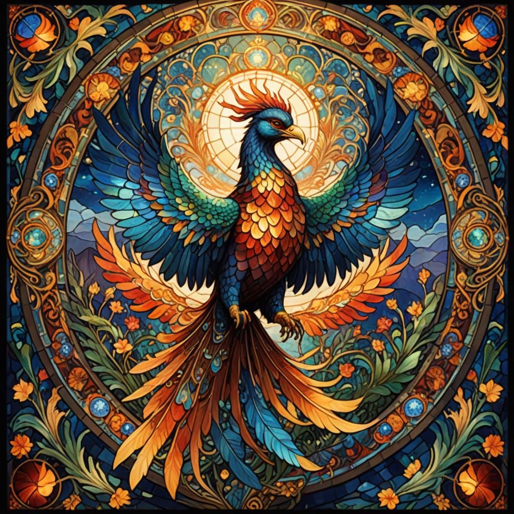 Surreal Byzantine Phoenix soars through Kaleidoscopic Staine...