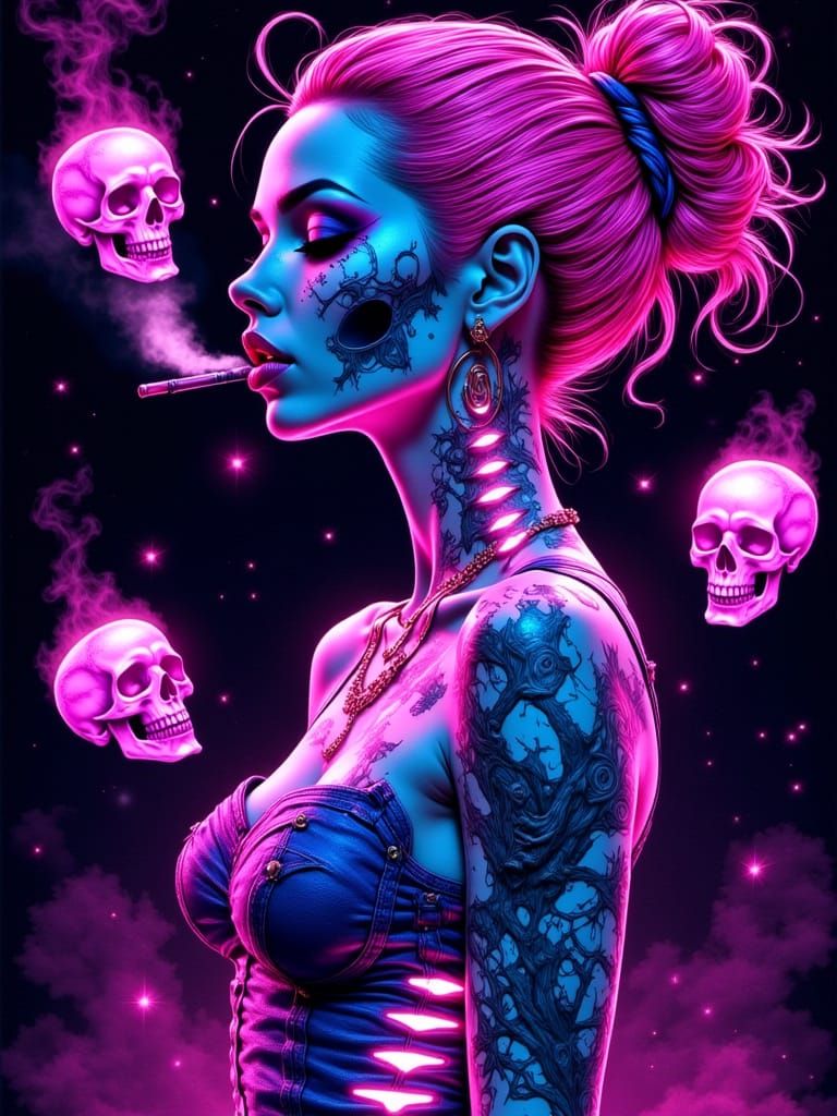Neon Skeleton Woman Smoking with Crystal Formations
