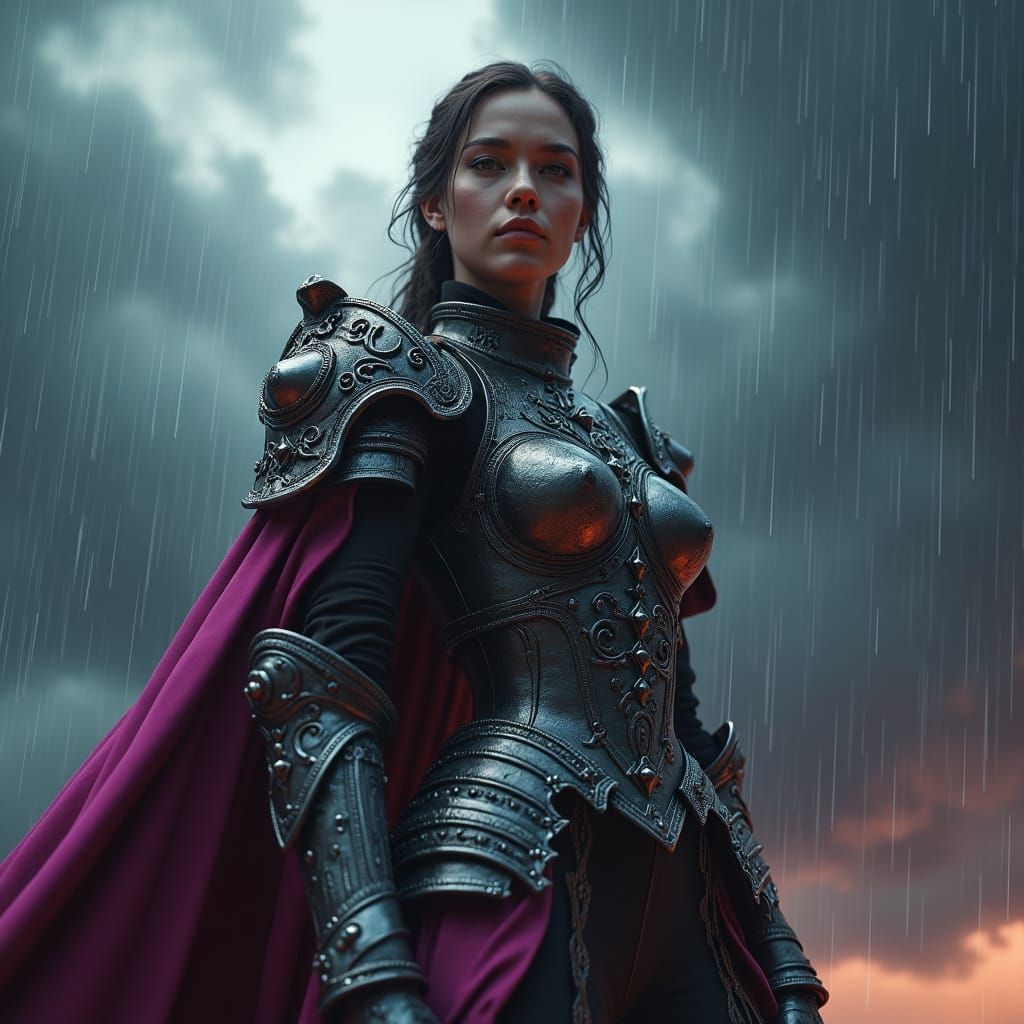 Anime Woman in Chrome Armor with Magenta Cape