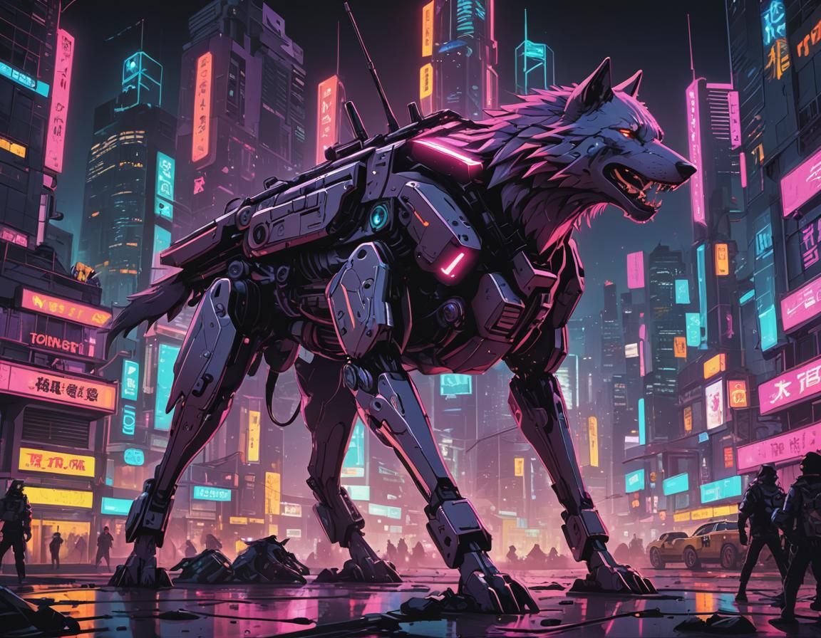 Cyberpunk Wolf Combat Drone in Neon Cityscape