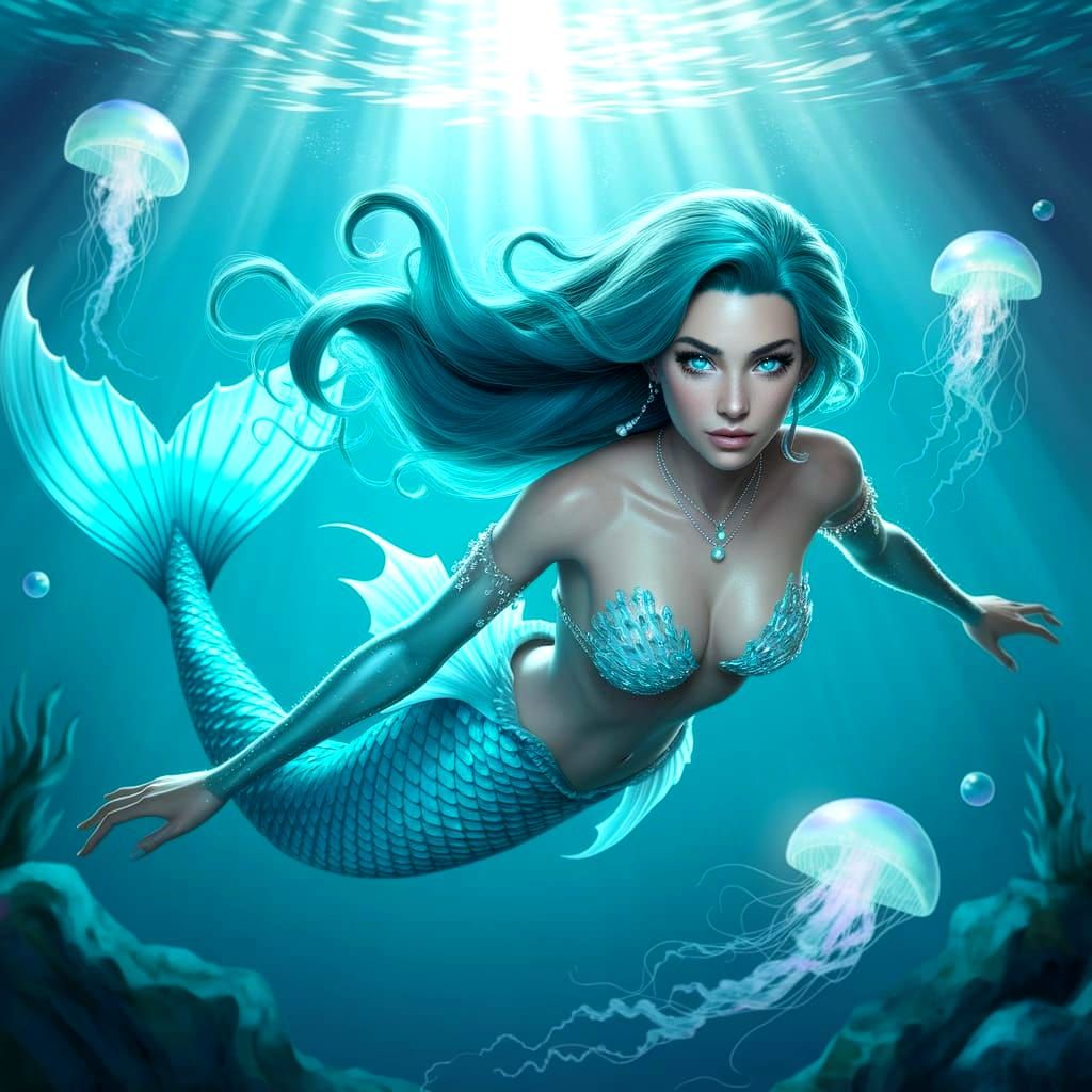 Turquoise Mermaid Glides Through Bioluminescent Ocean
