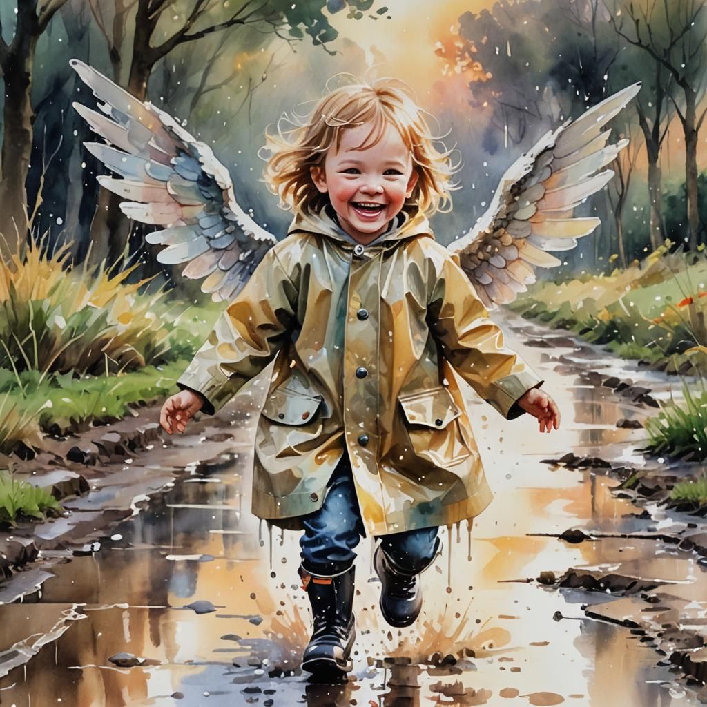 Joyful Angel Child Splashing: Watercolour Impressionism