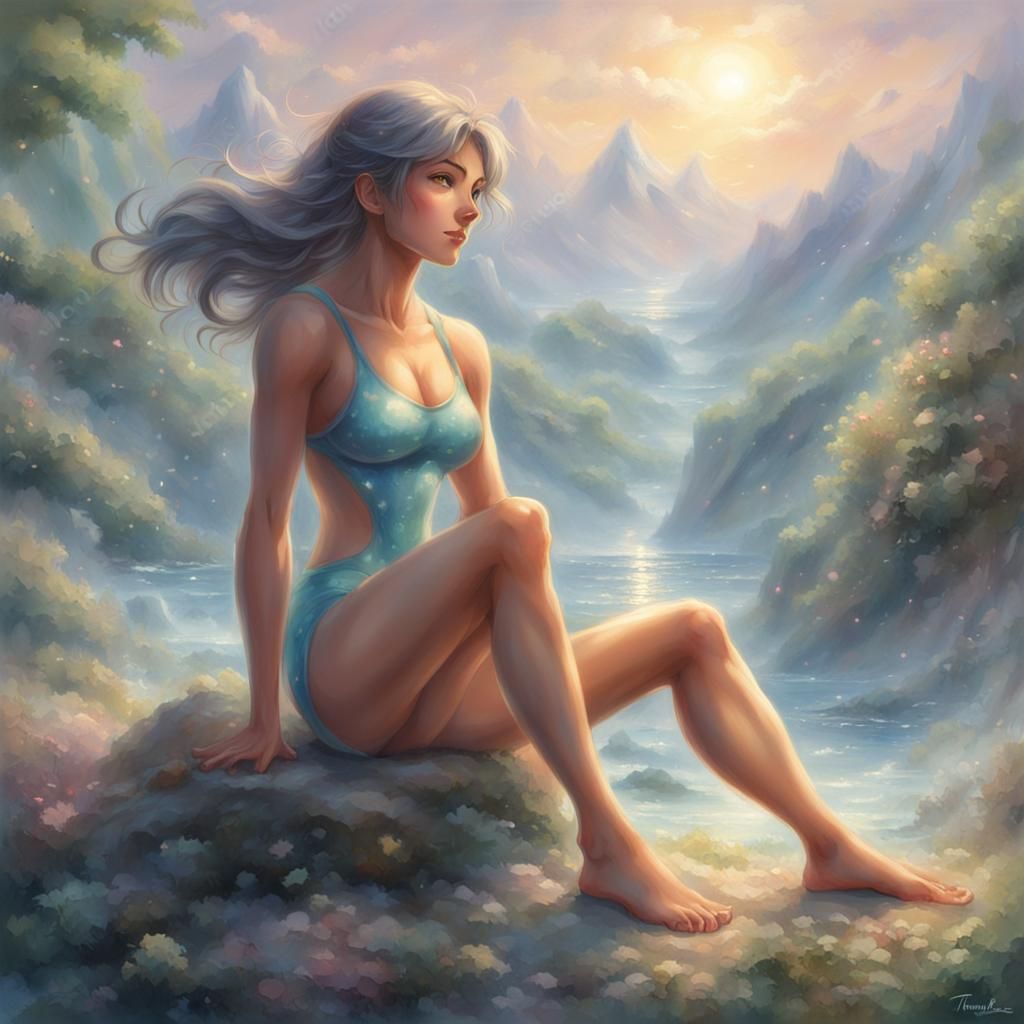 Joyful Anime Woman in Swimsuit