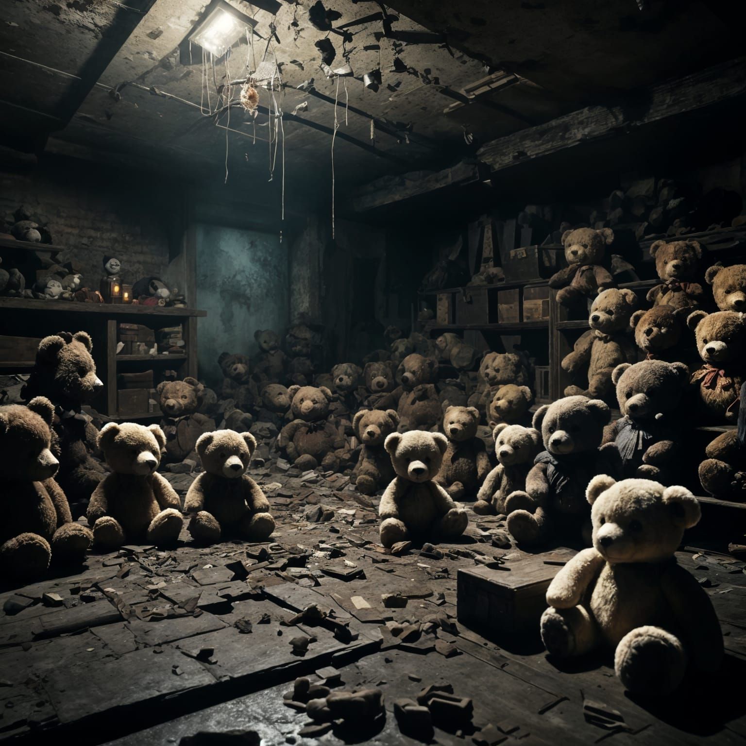 Gothic Horror: Broken Teddy Bears in Dark Cellar