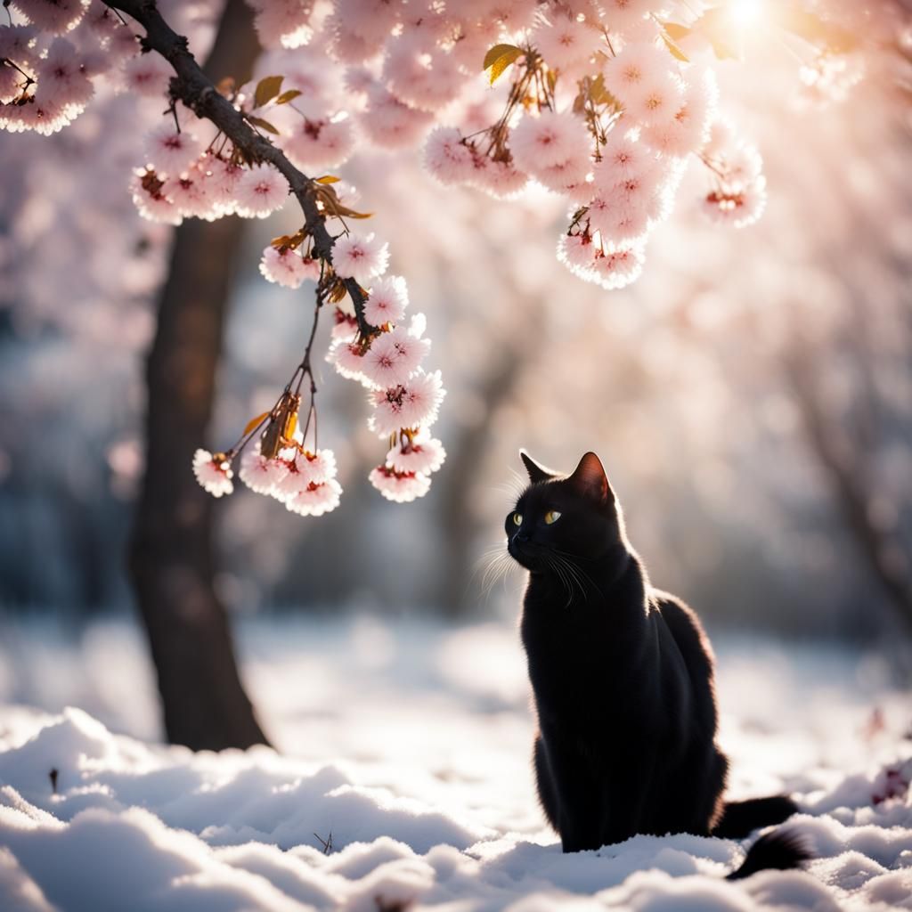 Black Cat in Winter Cherry Tree Forest