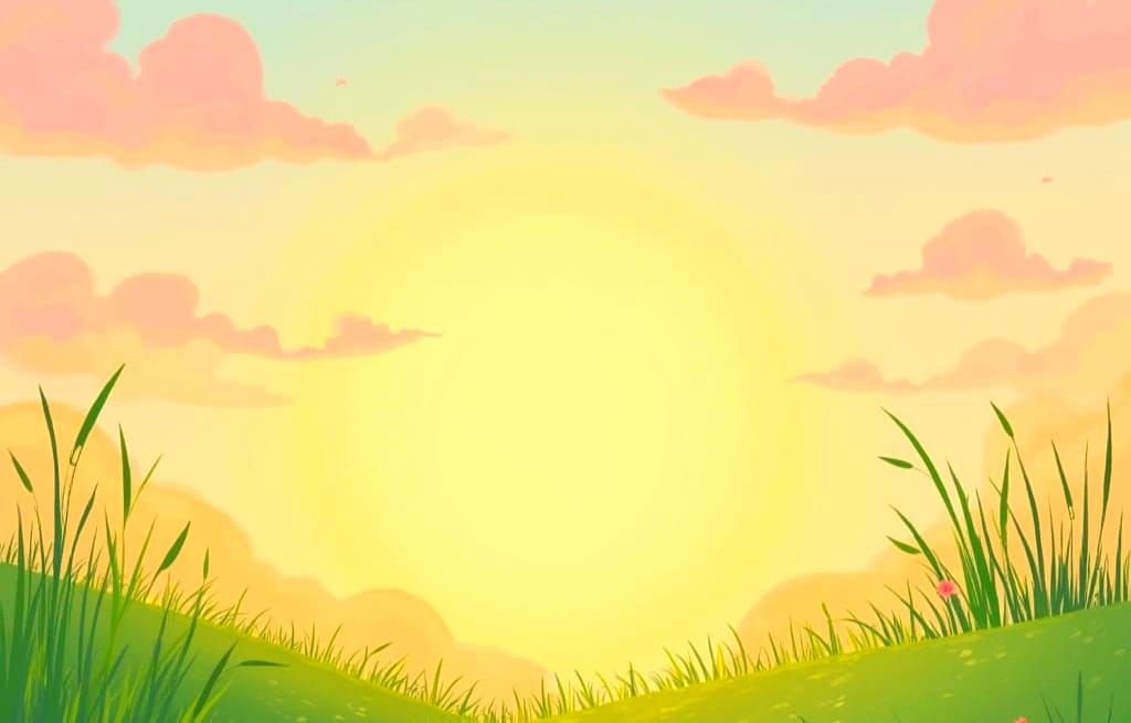 Pastel Cartoon Sunset Over Grassy Field