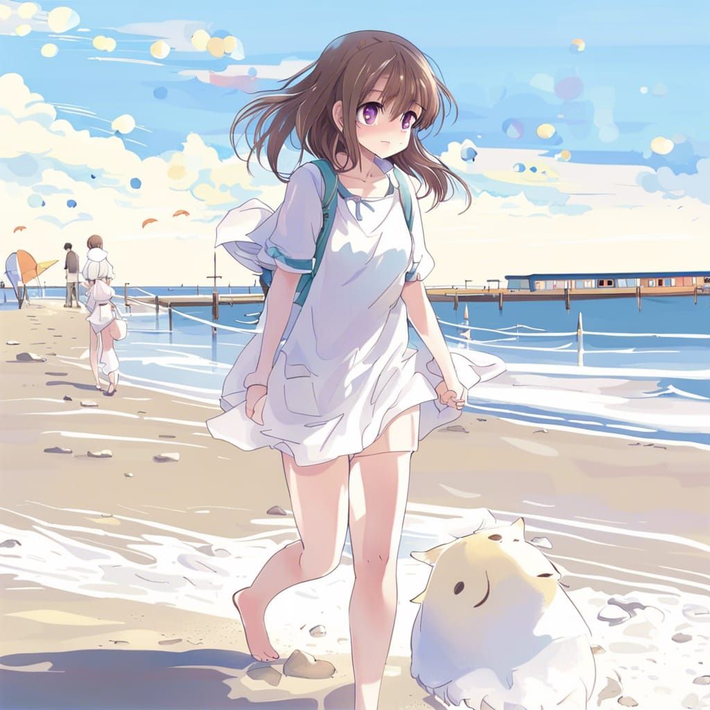 Girl Walking on Seaside in Anime Style