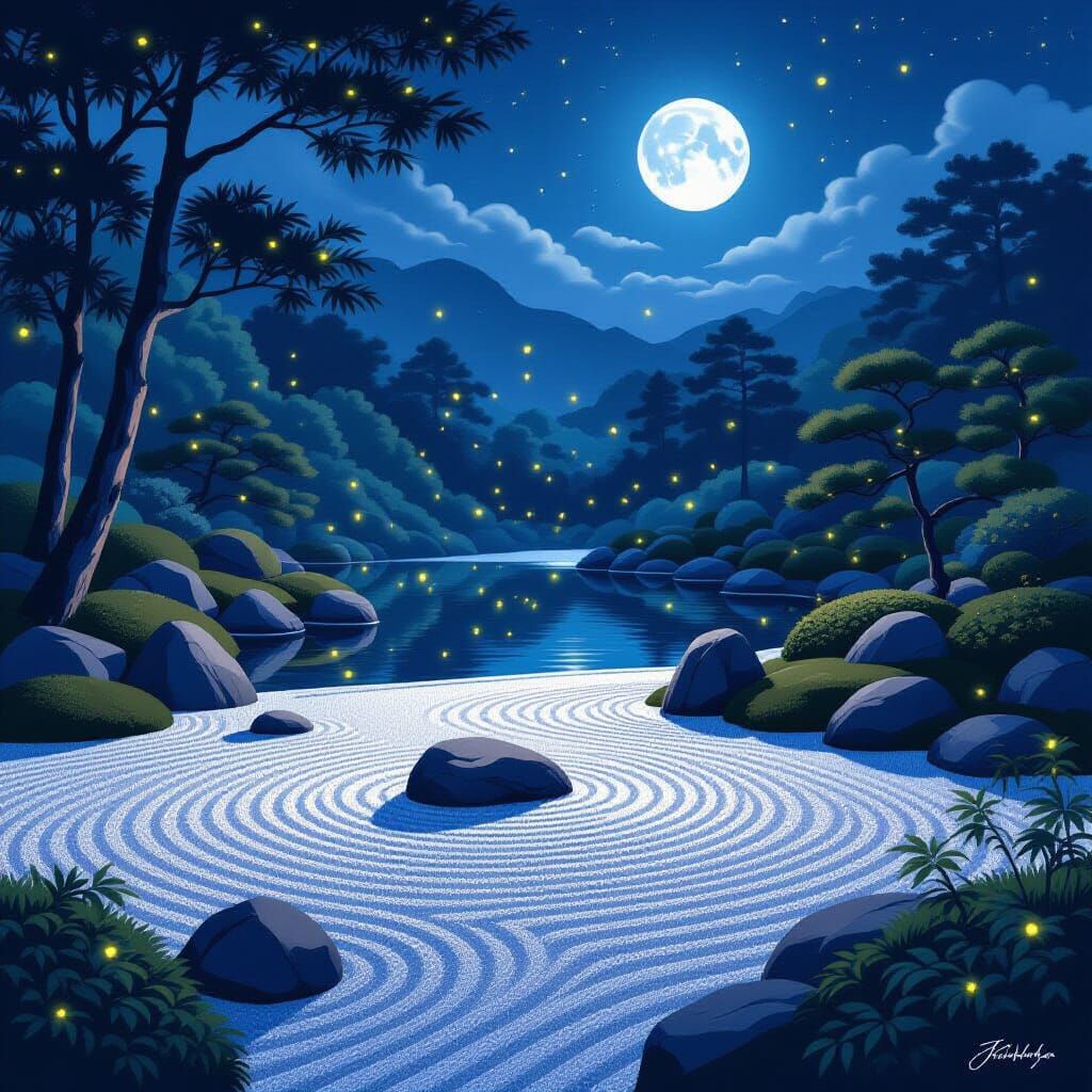 Moonlit Zen Garden in Japanese Painting Style