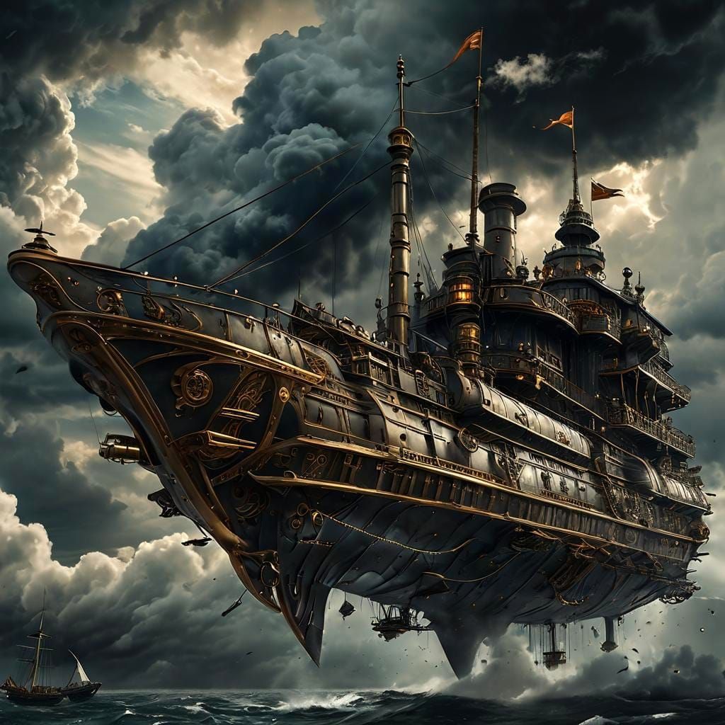 Steampunk Skyship Emerges from Storm, Watercolor Art