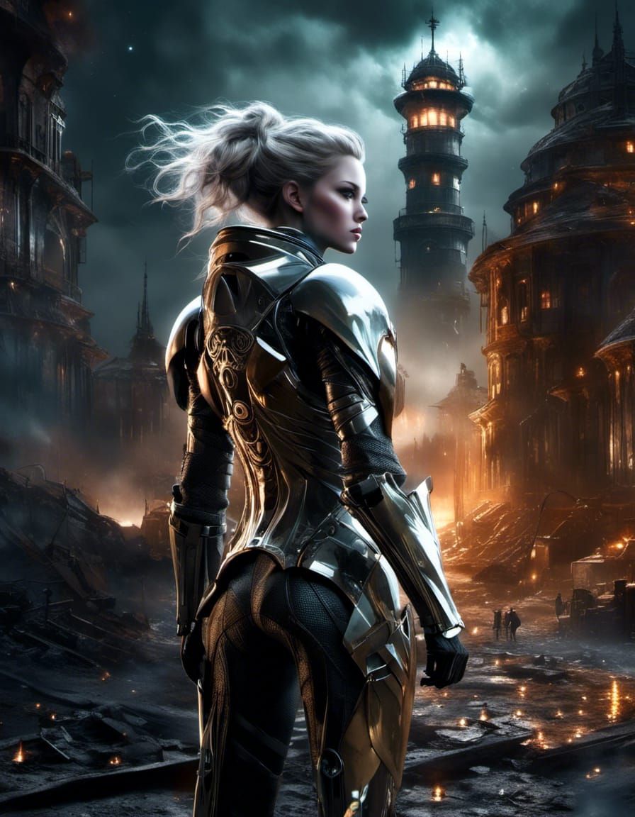 Dark-Haired Cyborg Scavenging in Trashpunk Lighthouse