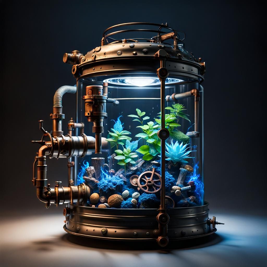 Steampunk Terrarium (with bright backlight:1.9) inside a huge empty tin can with glass and polycarbonate elements, steam...